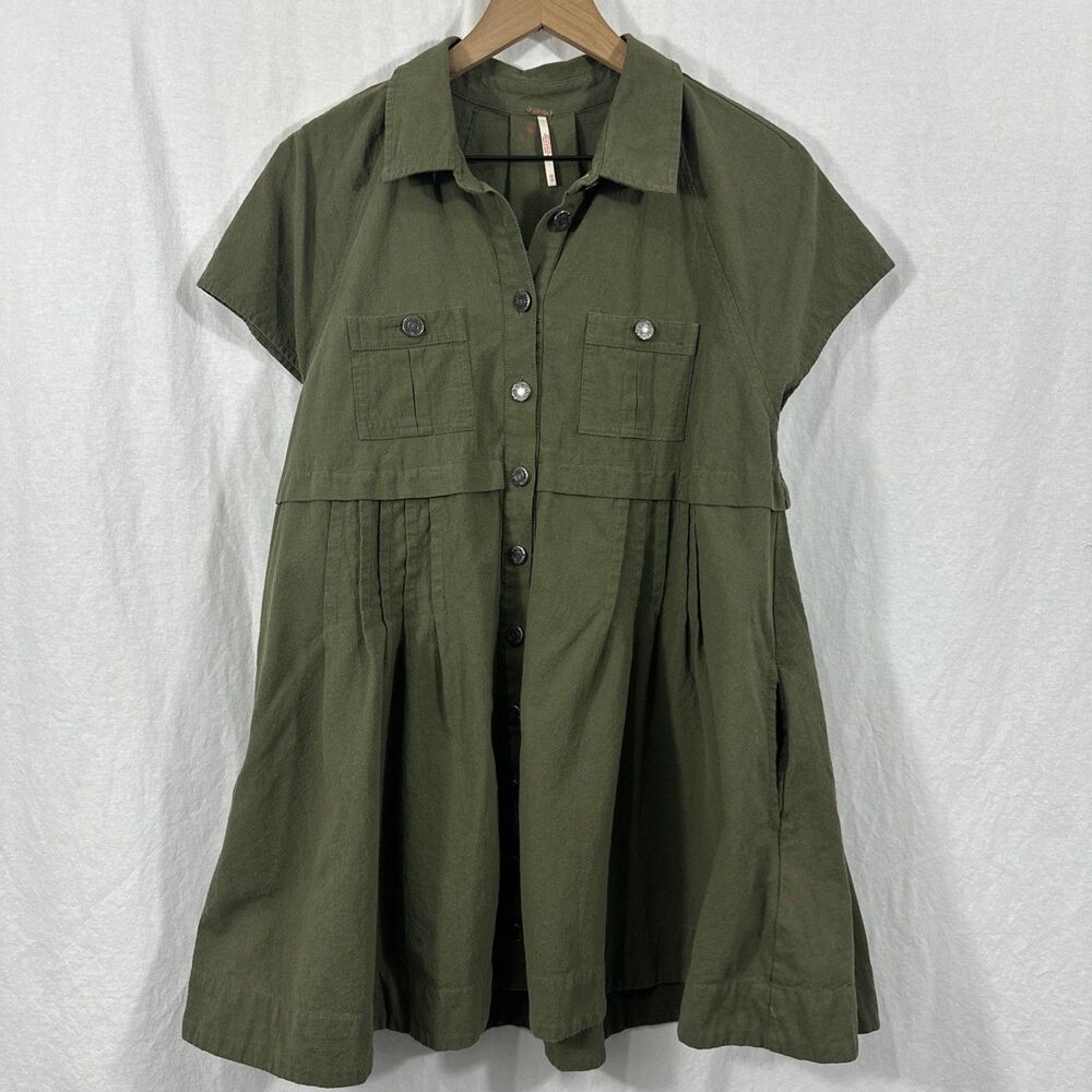 Free People Ronnie Poplin Cotton Green Mini Dress Womens Sz XS Pleat Boho Summer